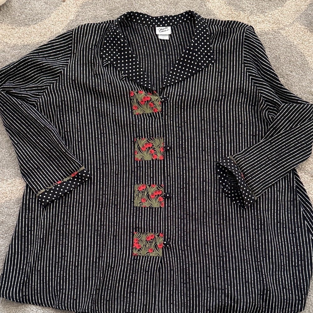 Marla Duran XL Black Rayon Art Polka Dot Collar | Floral Patch Detail | USA - Picture 2 of 16